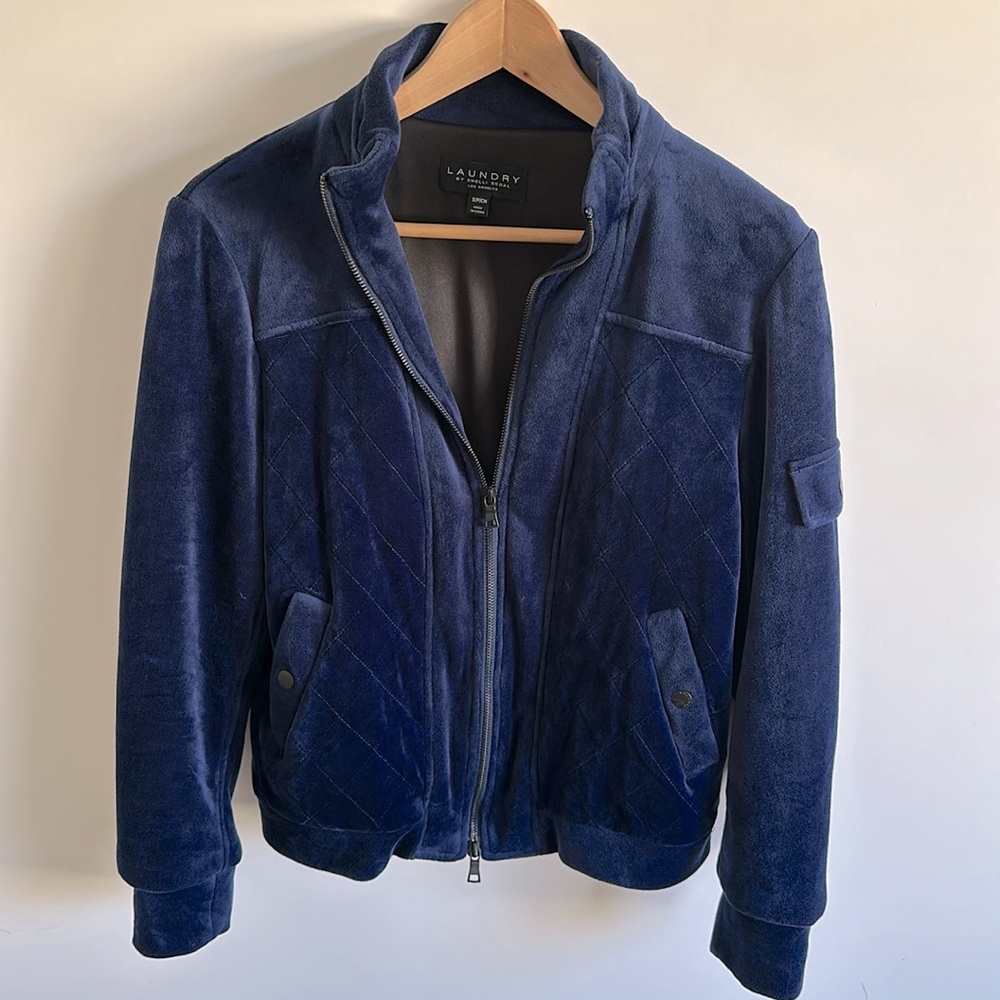 Laundry By Shelli Segal Blue Velvet Quilted Soft Bomber Jacket Size Small